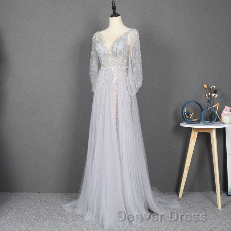 Amazing Long Gray Beading Prom Dresses Modest Prom Gown