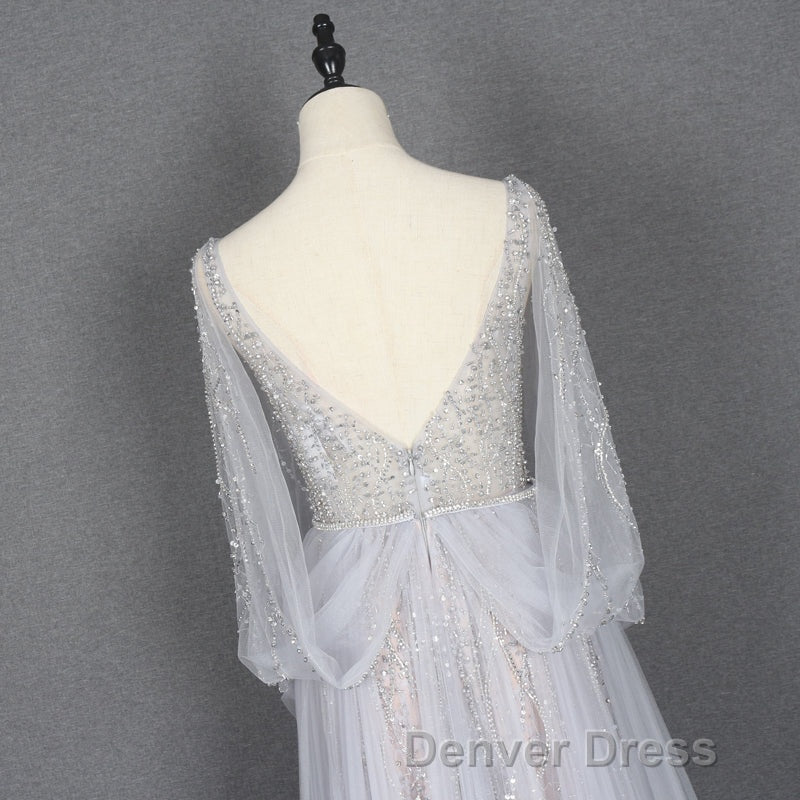 Amazing Long Gray Beading Prom Dresses Modest Prom Gown