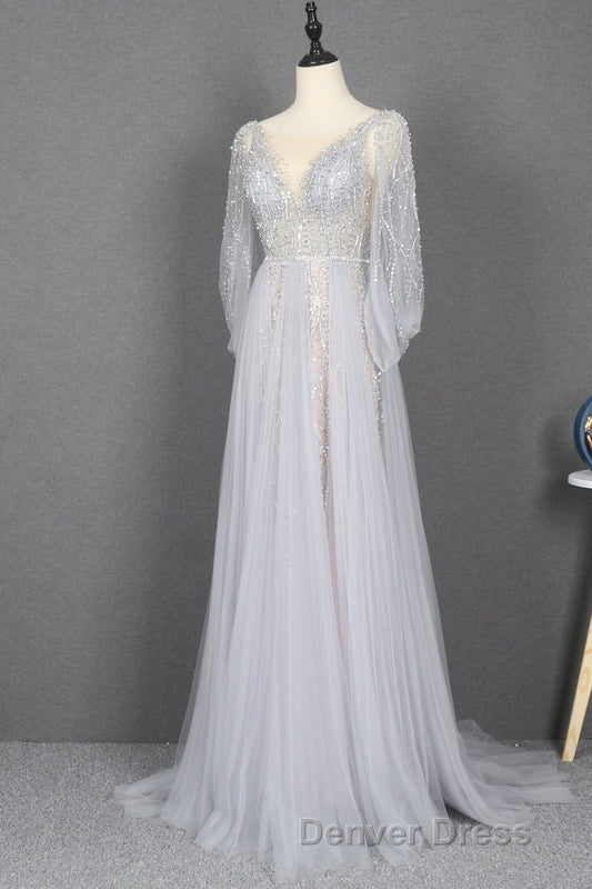Amazing Long Gray Beading Prom Dresses Modest Prom Gown