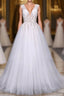 Flowy A-line Long V-neck Lace Tulle Beach Wedding Dresses Bridal Gowns