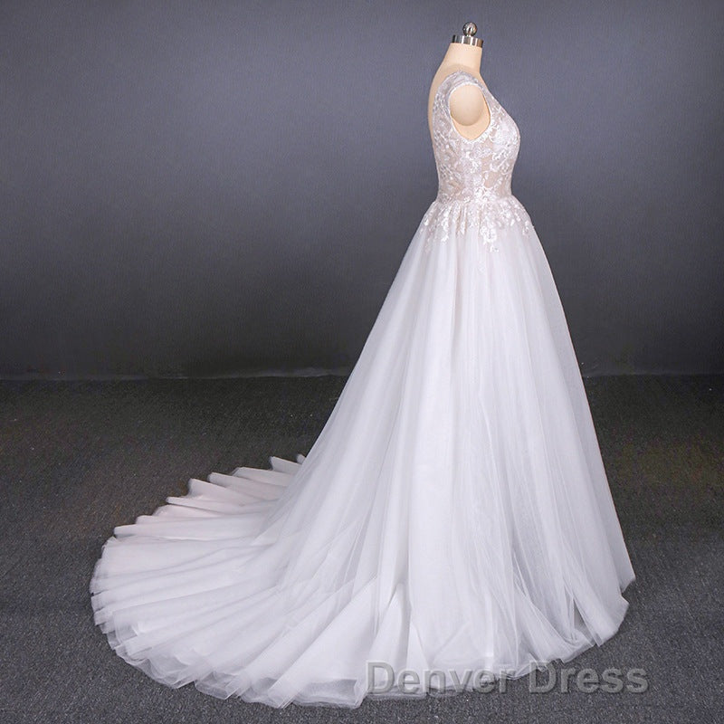 Flowy A-line Long V-neck Lace Tulle Beach Wedding Dresses Bridal Gowns Secondary image