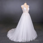 Flowy A Line Long V Neck Lace Tulle Beach Wedding Dresses Bridal Gown
