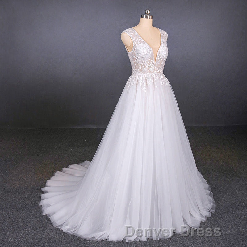 Flowy A Line Long V Neck Lace Tulle Beach Wedding Dresses Bridal Gown