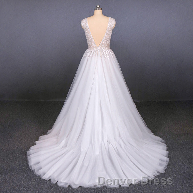 Flowy A Line Long V Neck Lace Tulle Beach Wedding Dresses Bridal Gown