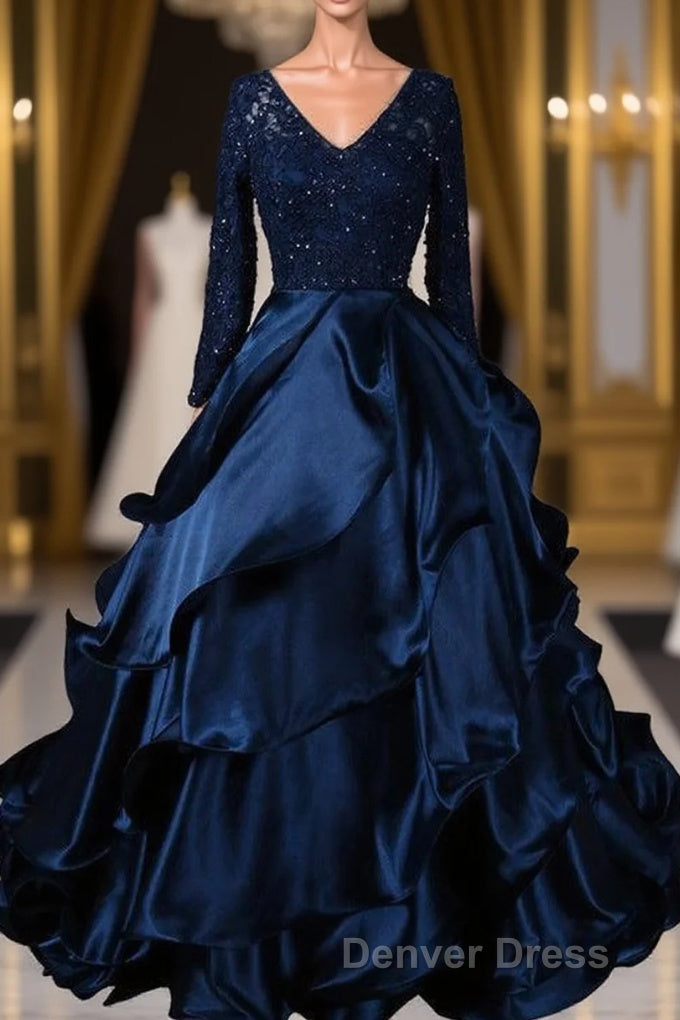 Formal V-neck Beading Lace Satin Backless Ball Gown Prom Dresses With Sleeves Main image