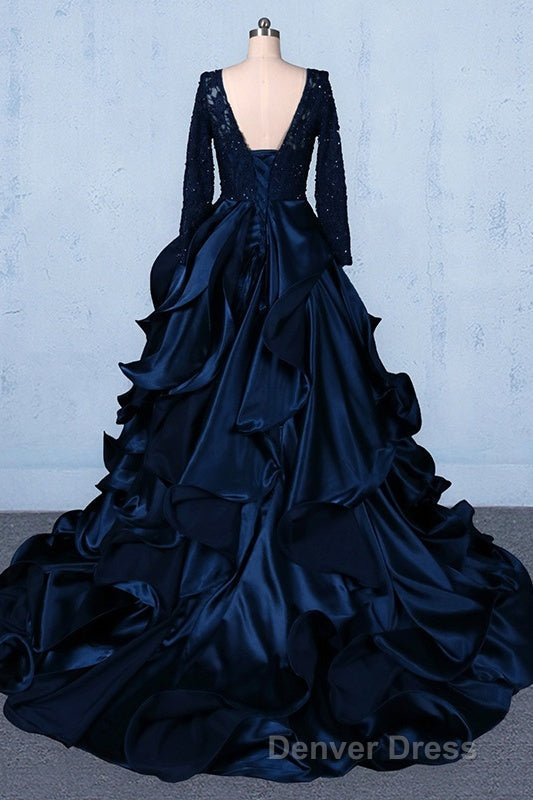 Prom V Neck Beading Lace Satin Backless Ball Gowns Prom Dresses With Sleeves Secondary image