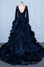 Prom V Neck Beading Lace Satin Backless Ball Gowns Prom Dresses With Sleeves