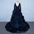 Prom V Neck Beading Lace Satin Backless Ball Gowns Prom Dresses With Sleeves