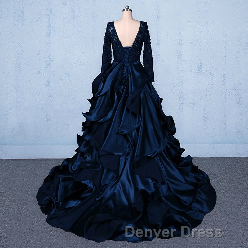 Prom V Neck Beading Lace Satin Backless Ball Gowns Prom Dresses With Sleeves
