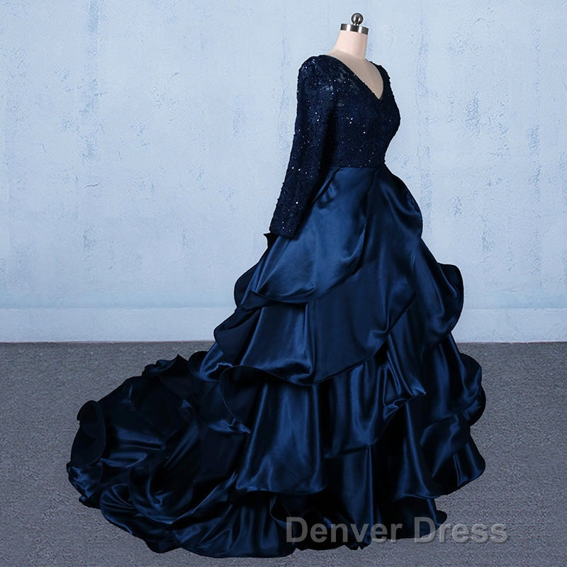 Prom V Neck Beading Lace Satin Backless Ball Gowns Prom Dresses With Sleeves