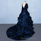 Prom V Neck Beading Lace Satin Backless Ball Gowns Prom Dresses With Sleeves