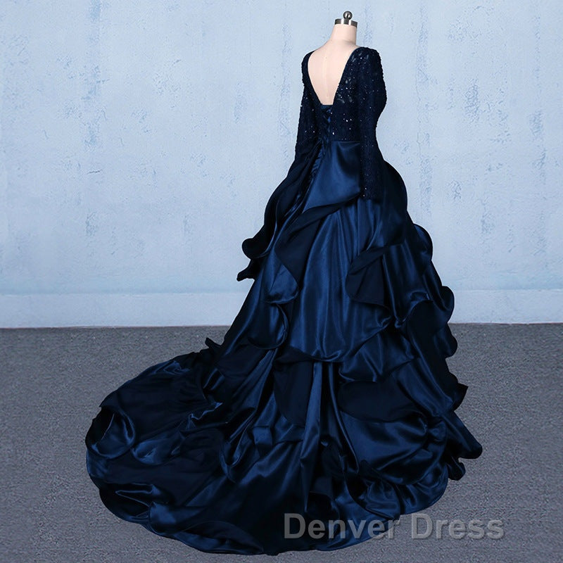 Prom V Neck Beading Lace Satin Backless Ball Gowns Prom Dresses With Sleeves
