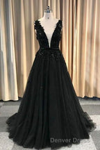 Prom Deep V Neck Long Black Prom Dresses With Lace Appliques