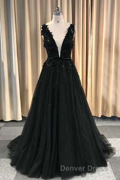 Prom Deep V Neck Long Black Prom Dresses With Lace Appliques