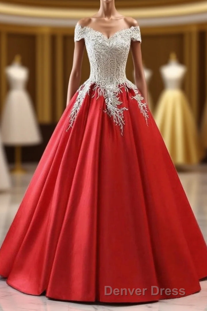 Modest Red Cap Sleeves Ball Gown Lace Satin Prom Dress Main image