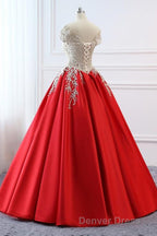 Modest Red Cap Sleeves Ball Gown Lace Satin Prom Dress