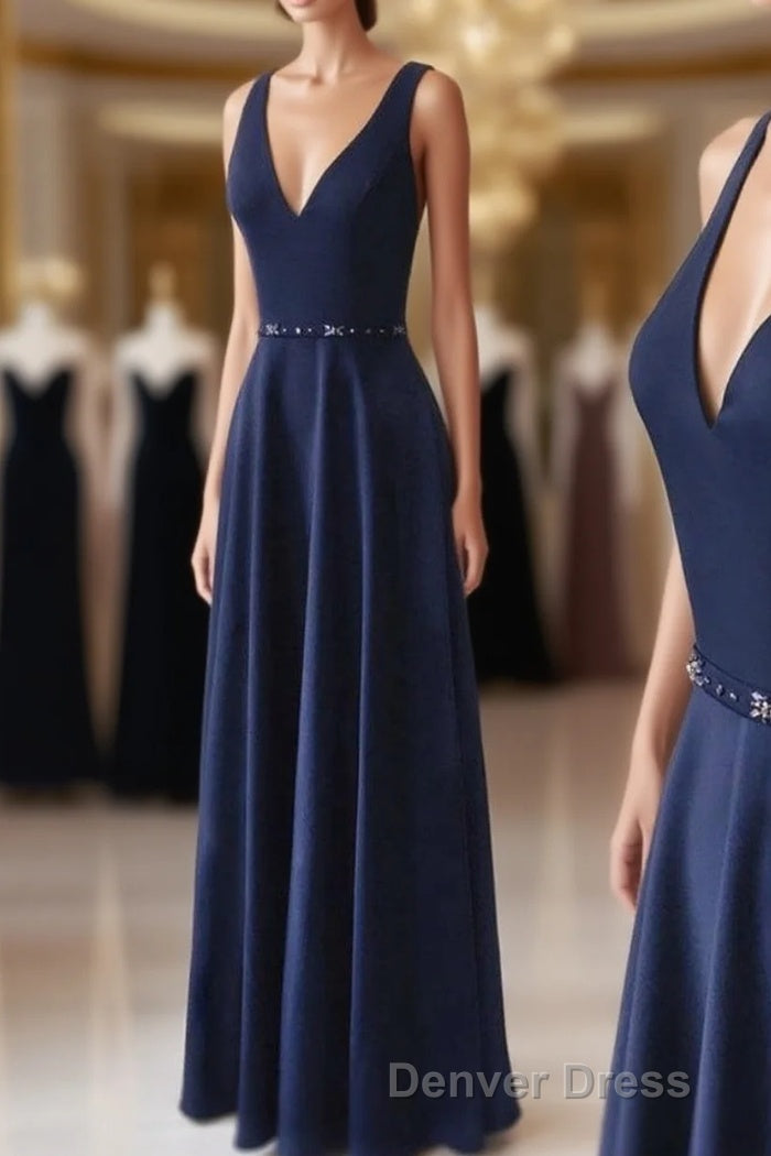Navy Blue V Neck Floor Length Simple Cute Long Prom Dresses