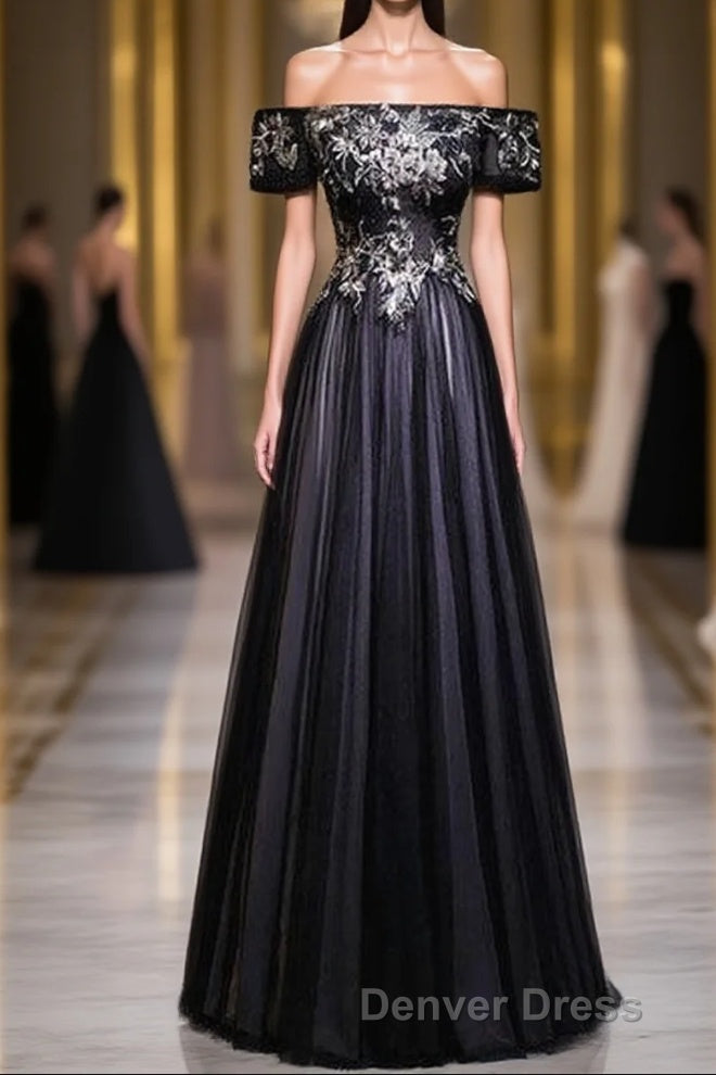 Beauty Off The Shoulder Floor Length Lace Up Long Black Prom Dresses With Appliques Main image