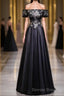 Beauty Off The Shoulder Floor Length Lace Up Long Black Prom Dresses With Appliques