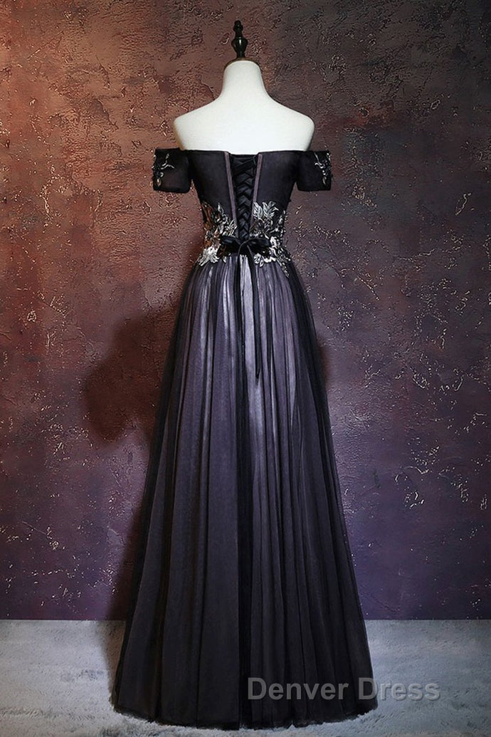 Beauty Off The Shoulder Floor Length Lace Up Long Black Prom Dresses With Appliques Secondary image