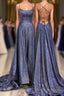 Beautiful Spaghetti Straps Backless Long Blue Prom Dresses