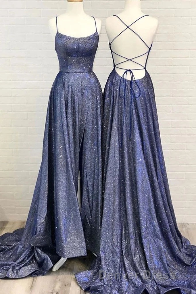 Beautiful Spaghetti Straps Backless Long Blue Prom Dresses