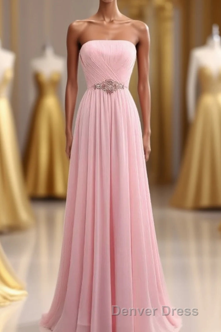 Elegant Strapless A Line Pink Chiffon Long Prom Dress Girly Dresses