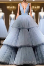 Modest Ball Gown Long V-neck Light Blue Princess Prom Dresses Quinceanera Dresses