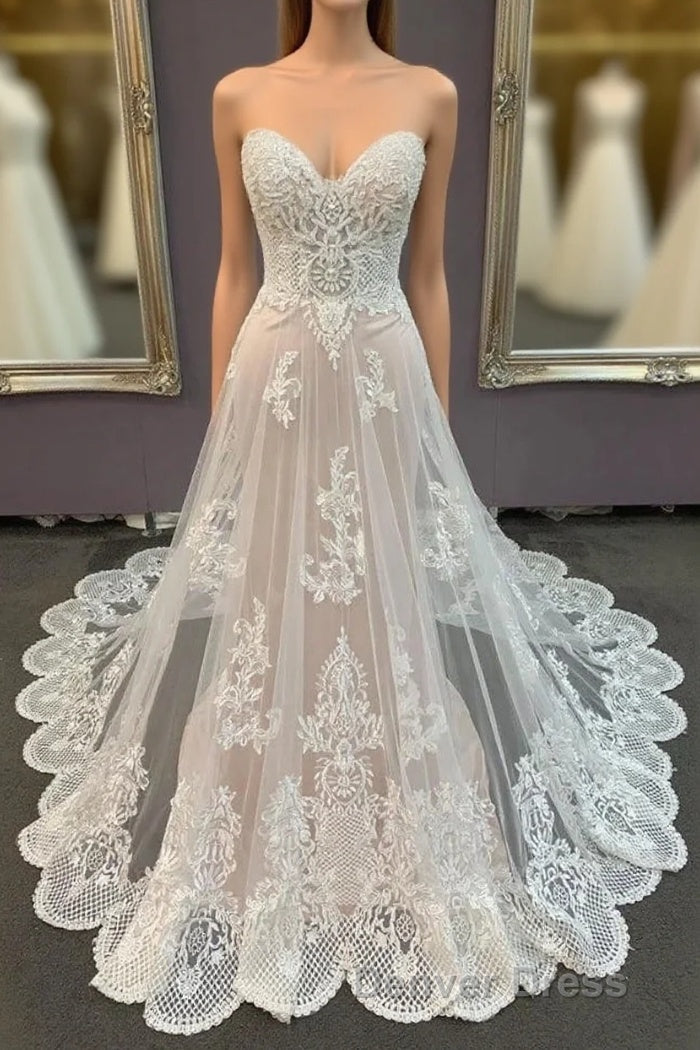 Modest Sweetheart Lace Long Wedding Dress Beach Wedding Dresses