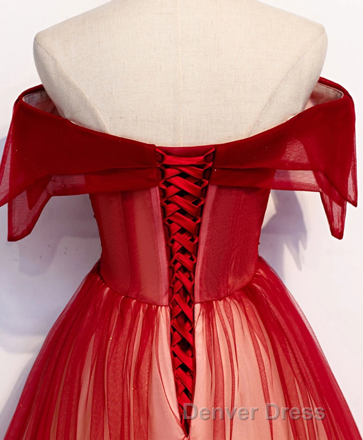 Burgundy Off The Shoulder Tulle Long Lace Up Prom Dress