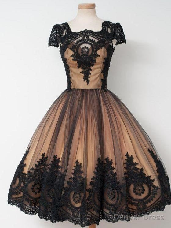 Black Lace Short Vintage Prom Dress with Cap Sleeves Main image