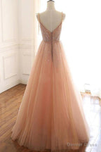 Tulle A Line Lace Up Back Straps Prom Dress Sequins Prom Dresses