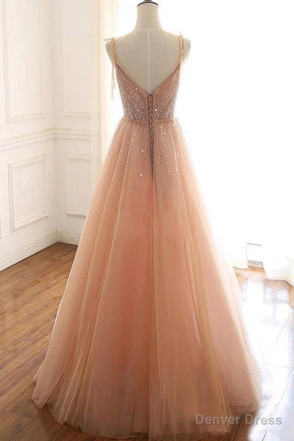 Tulle A Line Lace Up Back Straps Prom Dress Sequins Prom Dresses