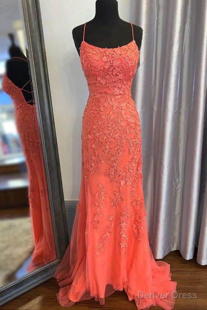 Mermaid Backless Orange Lace Long Prom Dress, Mermaid Orange Lace Formal Dress, Orange Lace Evening Dress Main image