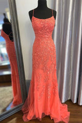 Mermaid Backless Orange Lace Long Prom Dress, Mermaid Orange Lace Formal Dress, Orange Lace Evening Dress