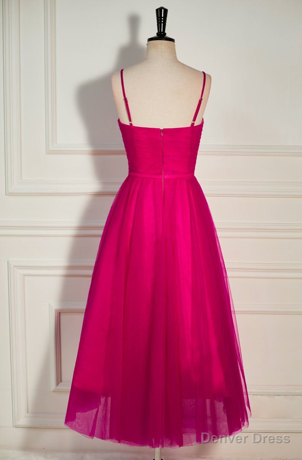Fuchsia Straps A Line Tulle Tea Length Prom Dresses