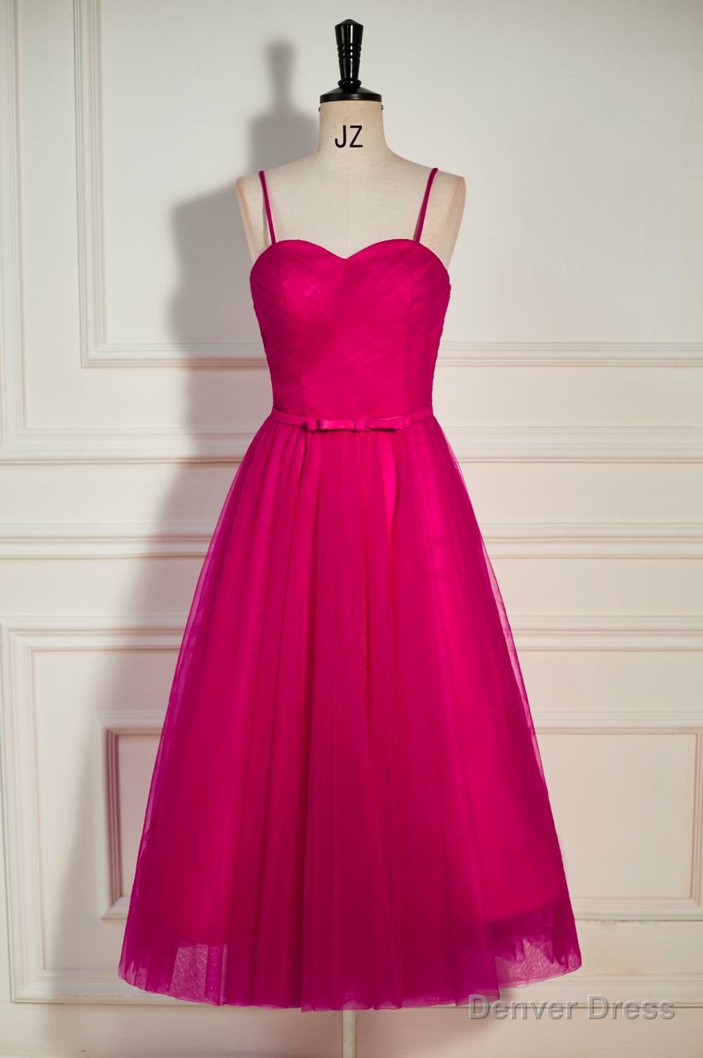 Fuchsia Straps A Line Tulle Tea Length Prom Dresses