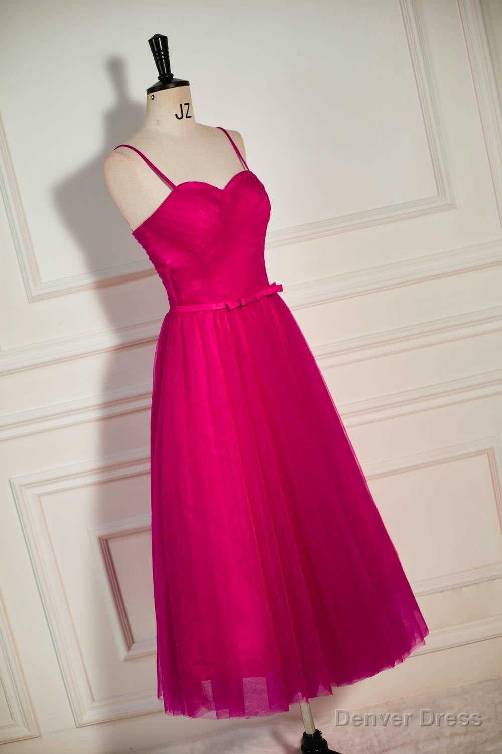 Fuchsia Straps A Line Tulle Tea Length Prom Dresses Secondary image