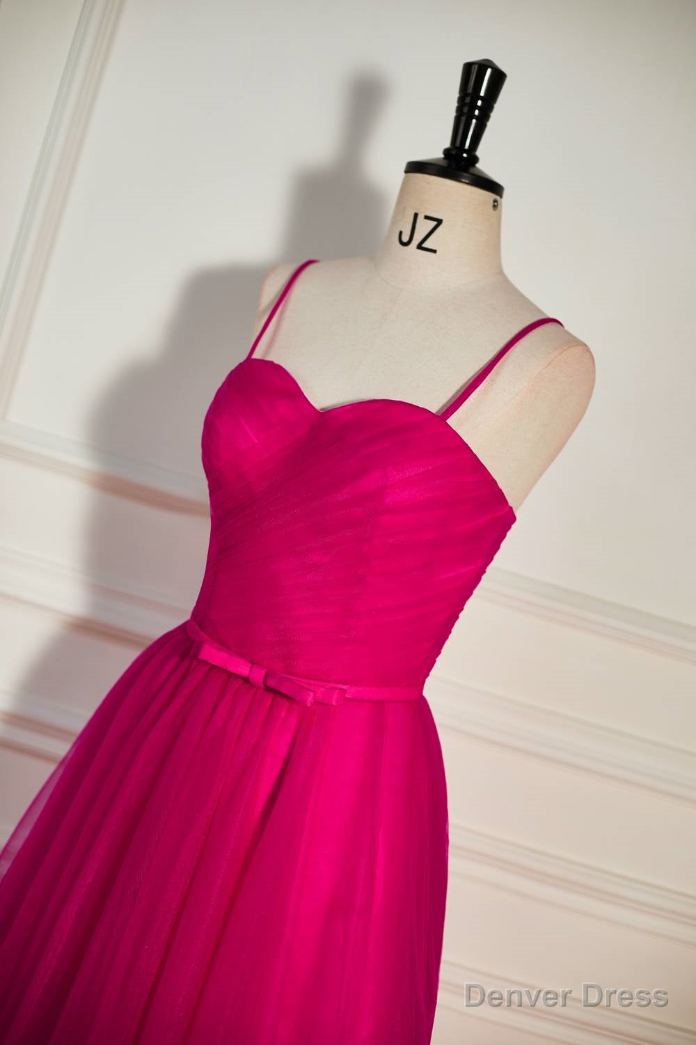 Fuchsia Straps A Line Tulle Tea Length Prom Dresses