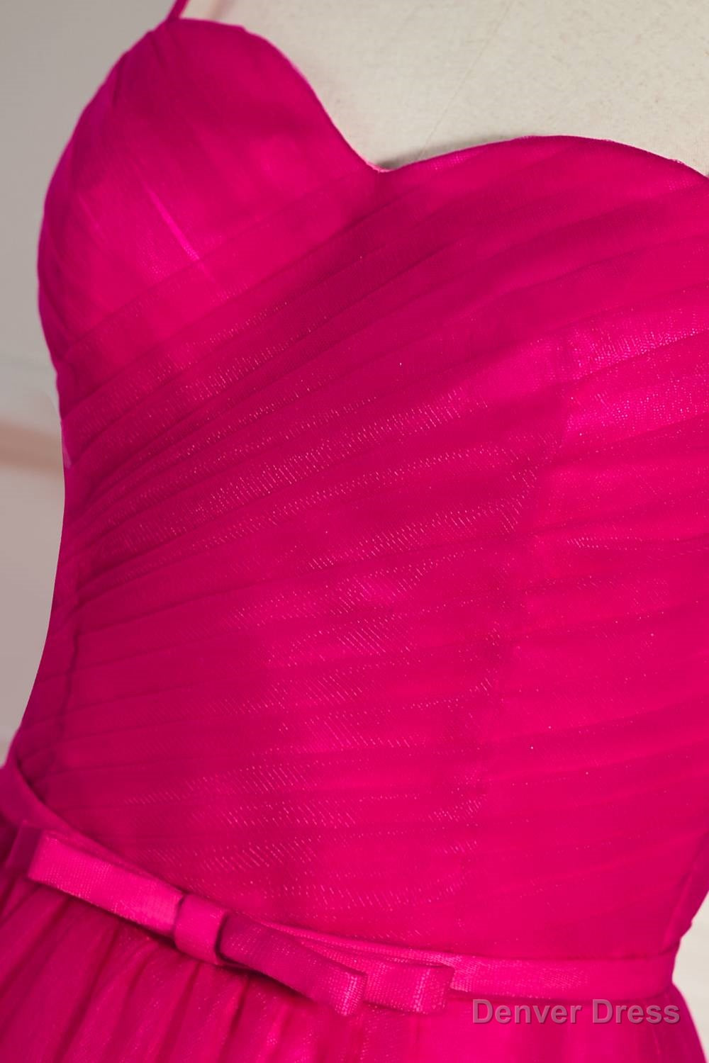 Fuchsia Straps A Line Tulle Tea Length Prom Dresses