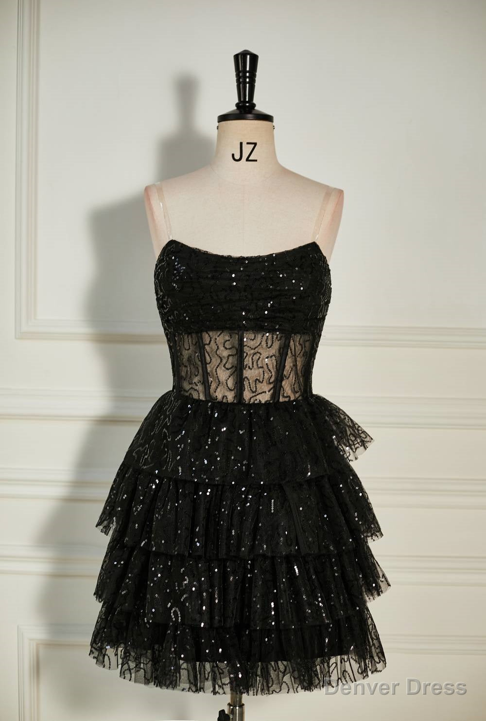 Black Sequined Strapless Multi-Layers Tulle Homecoming Dress Main image