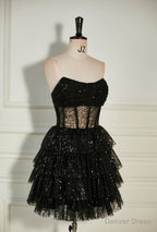 Black Sequined Strapless Multi Layers Tulle Homecoming Dresses