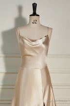 Champagne Cowl Neck Straps A Line Satin Long Dresses with Slit