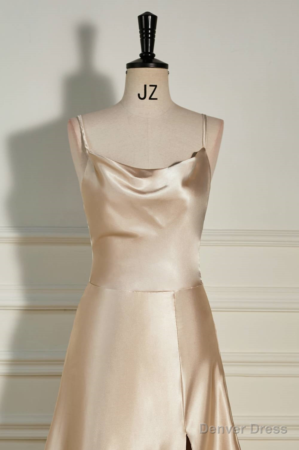 Champagne Cowl Neck Straps A Line Satin Long Dresses with Slit