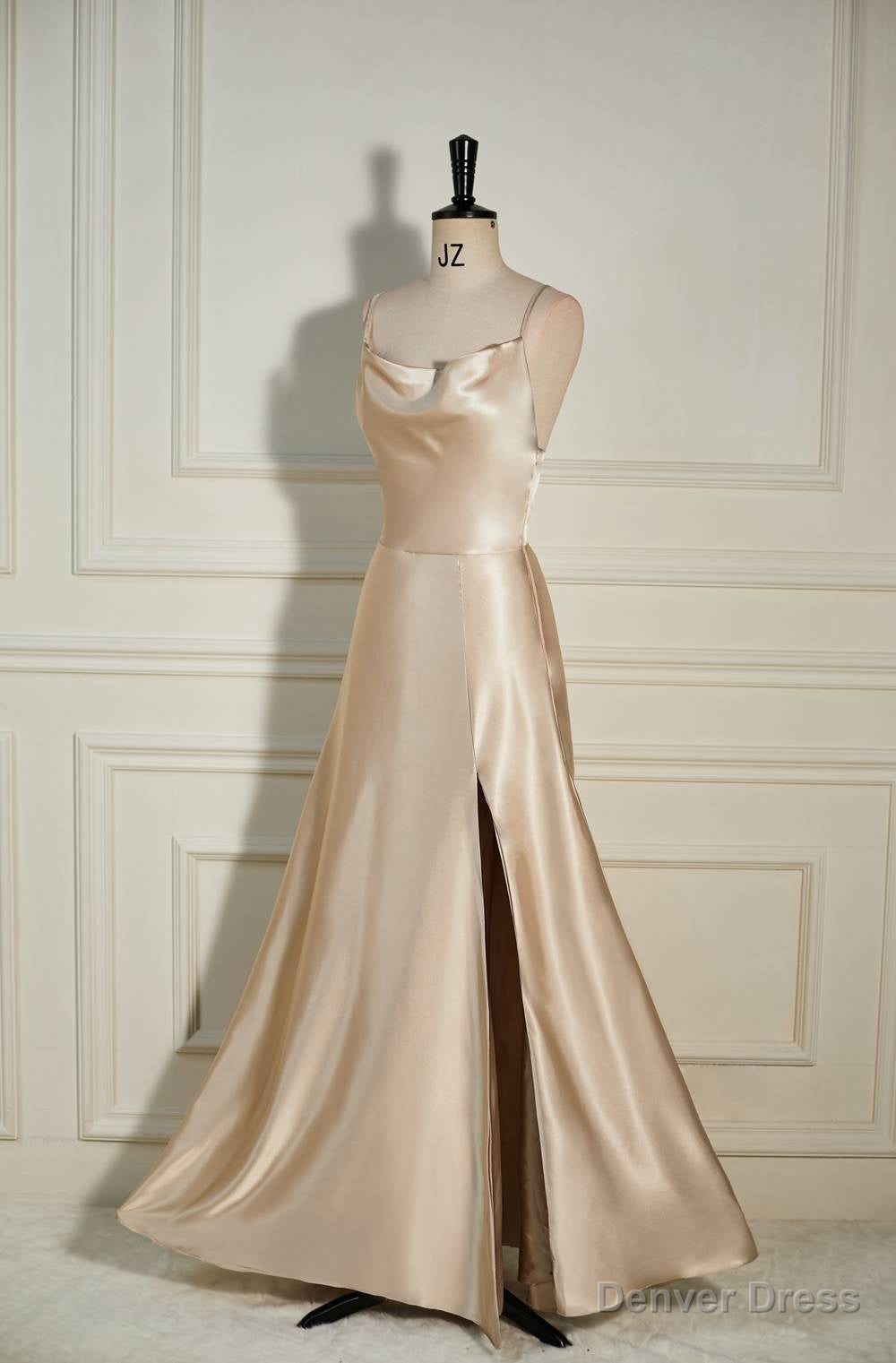 Champagne Cowl Neck Straps A Line Satin Long Dresses with Slit Secondary image