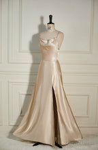Champagne Cowl Neck Straps A Line Satin Long Dresses with Slit