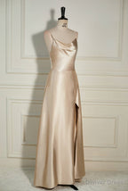 Champagne Cowl Neck Straps A Line Satin Long Dresses with Slit