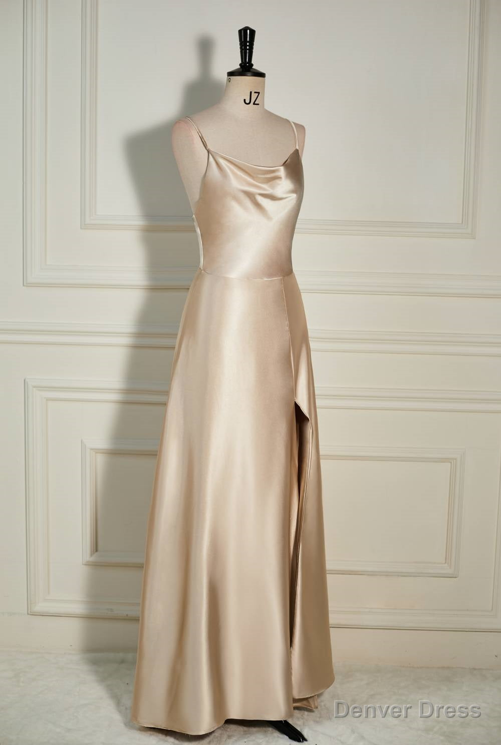 Champagne Cowl Neck Straps A Line Satin Long Dresses with Slit