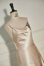Champagne Cowl Neck Straps A Line Satin Long Dresses with Slit