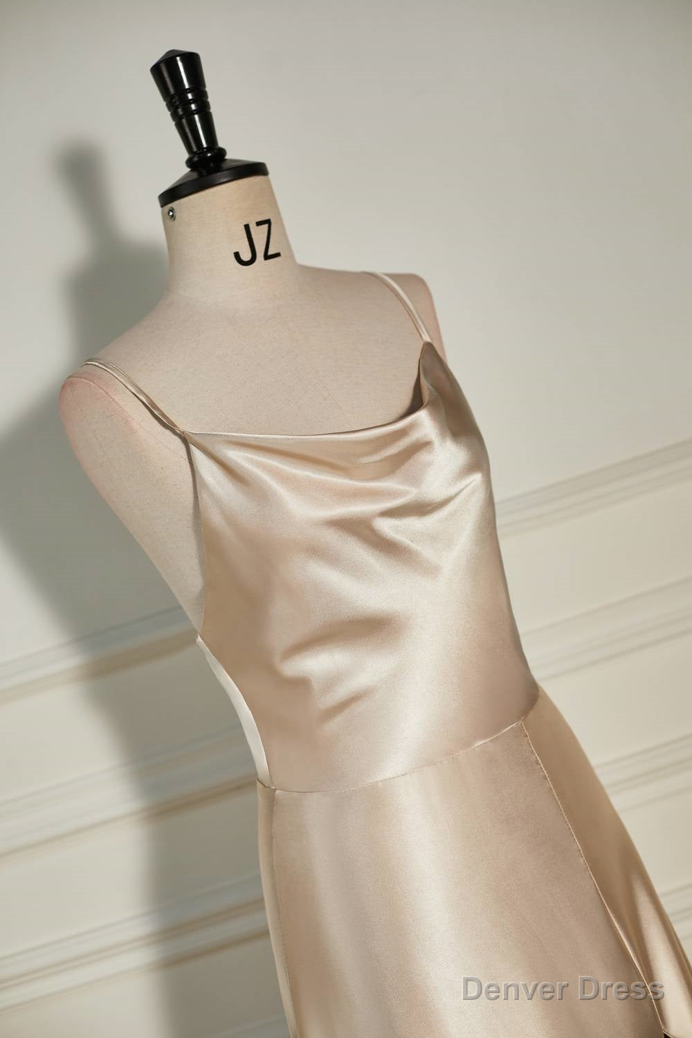 Champagne Cowl Neck Straps A Line Satin Long Dresses with Slit